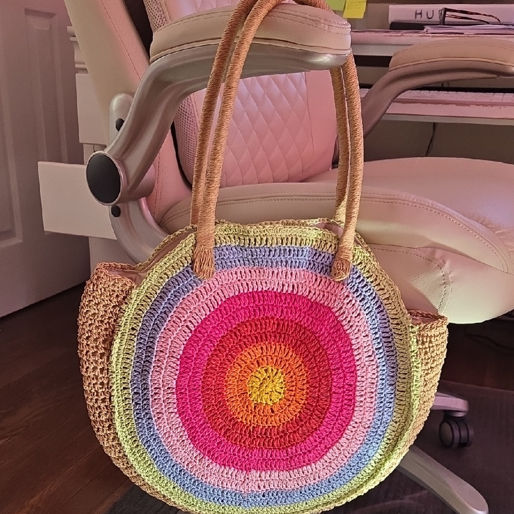INC Round Crochet Multi-Color Straw Tote Bag - Pink/Yellow/Blue - Picture 2 of 8